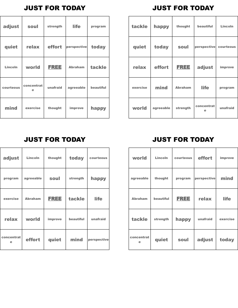 JUST FOR TODAY Bingo Cards