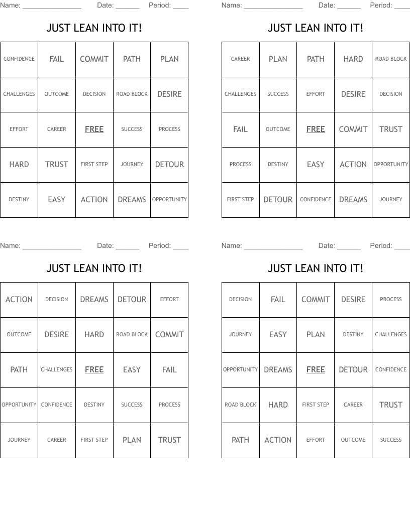 JUST LEAN INTO IT! Bingo Cards