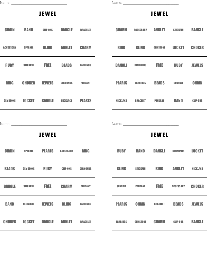 J E W E L Bingo Cards