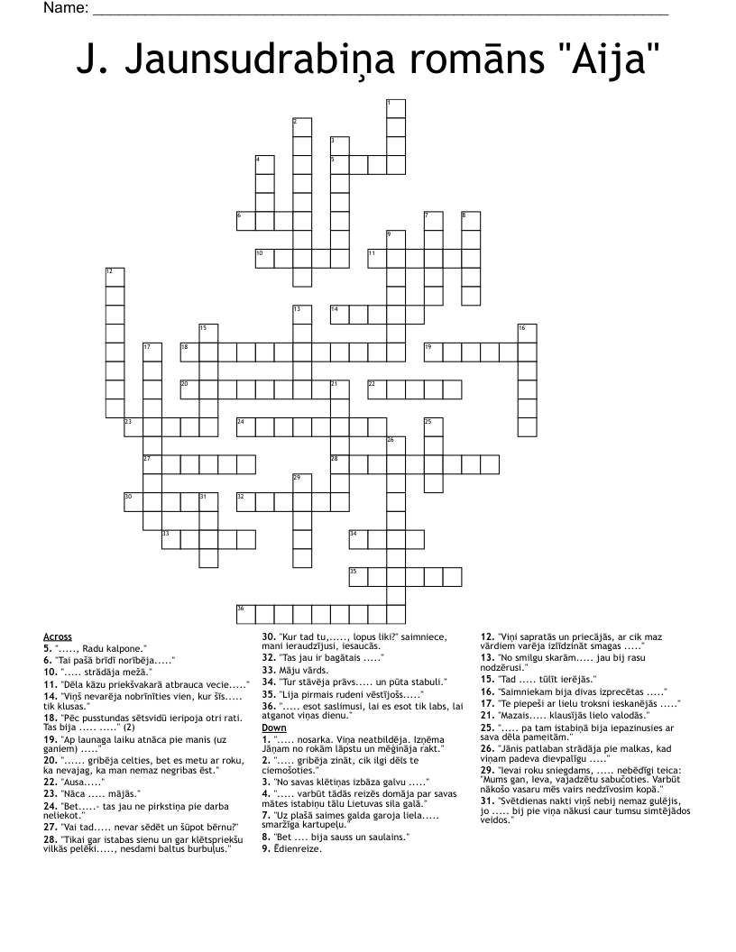 J. Jaunsudrabiņa romāns "Aija" Crossword