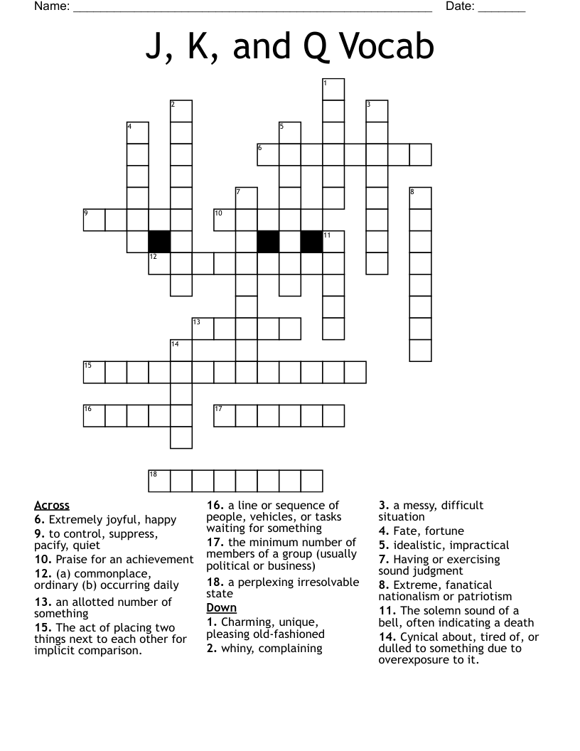 J, K, and Q Vocab Crossword