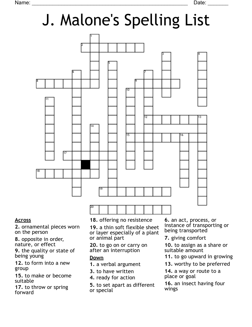 J. Malone's Spelling List Crossword