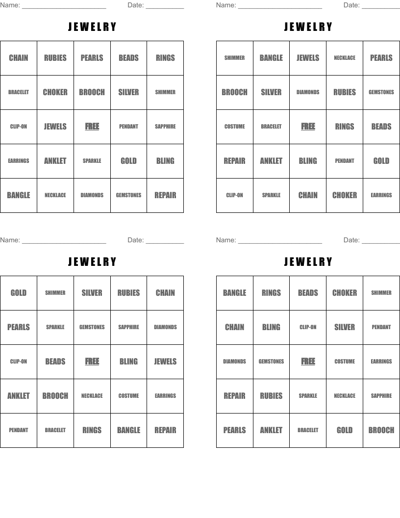 J   E   W   E   L   R   Y Bingo Cards