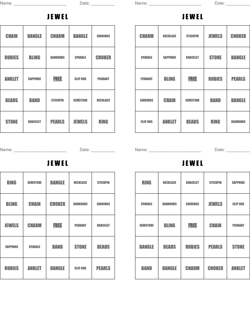 J              E      W    E   L Bingo Cards