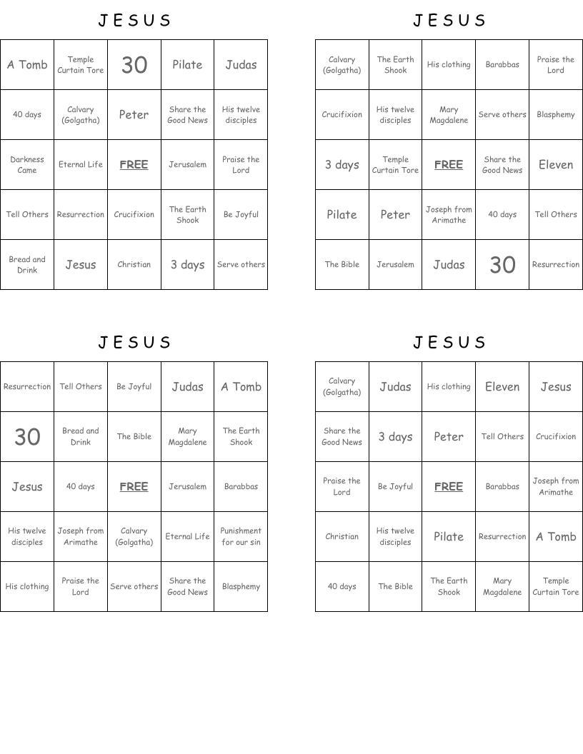 J                                      E                               S                            U                                                     S Bingo Cards