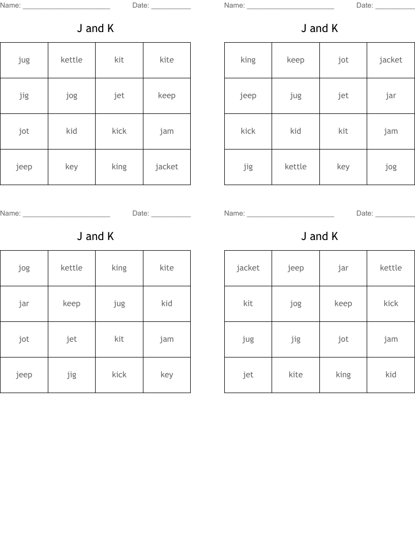 J and K Bingo Cards