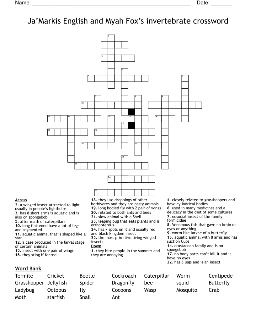 Ja’Markis English and Myah Fox’s invertebrate crossword 