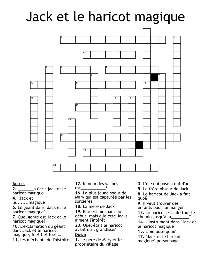 Jack et le haricot magique Crossword