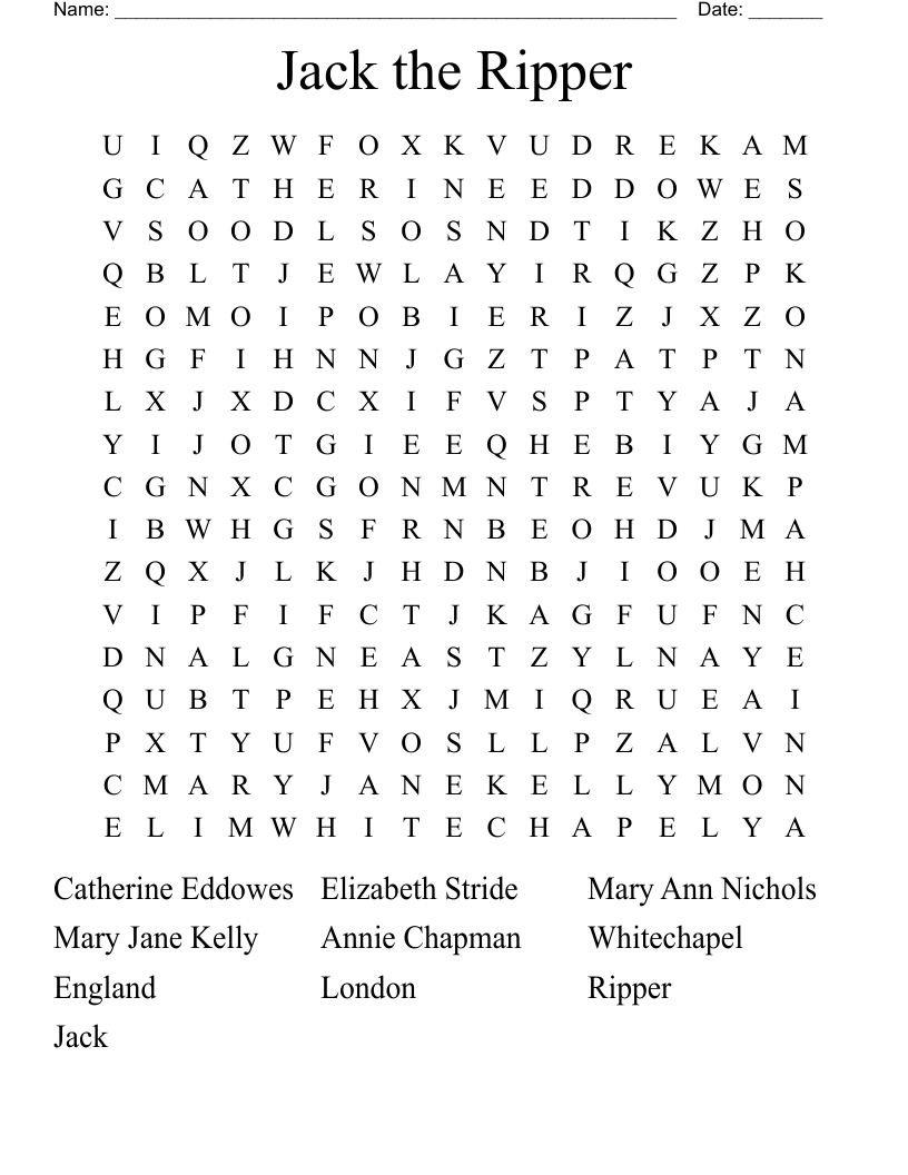 Jack the Ripper Word Search