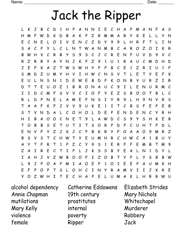 Jack the Ripper Word Search