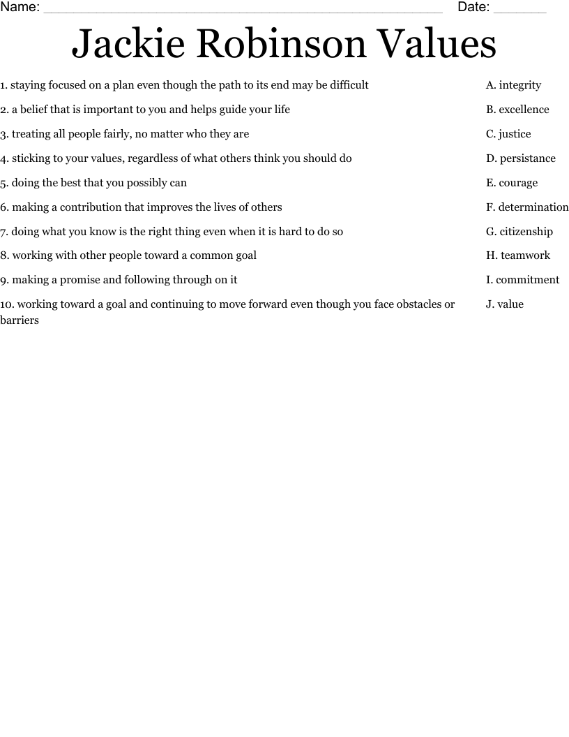 Jackie Robinson Values Worksheet