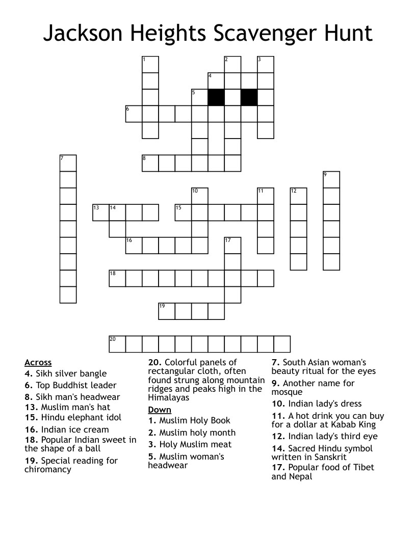 Jackson Heights Scavenger Hunt Crossword
