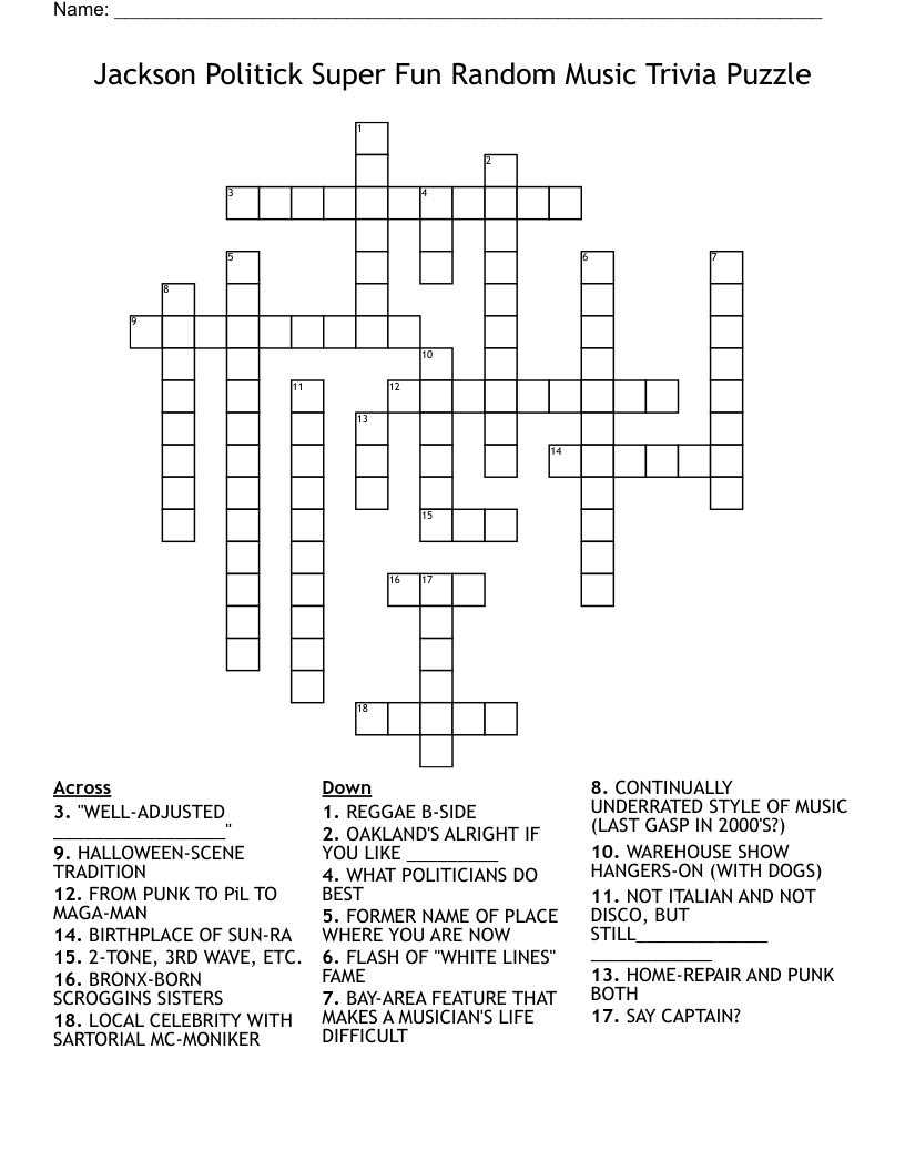 Jackson Politick Super Fun Random Music Trivia Puzzle Crossword
