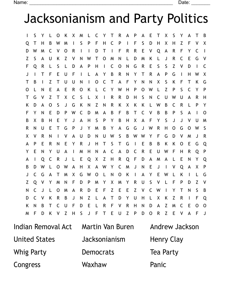 Jacksonianism and Party Politics Word Search
