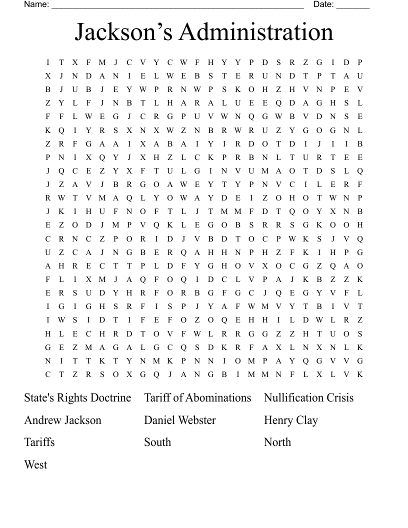 Jackson’s Administration Word Search