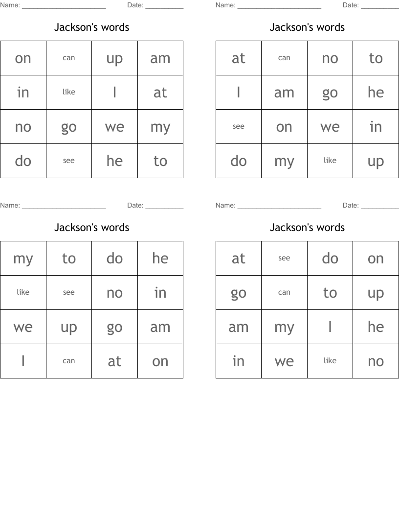 Jackson's words Bingo Cards