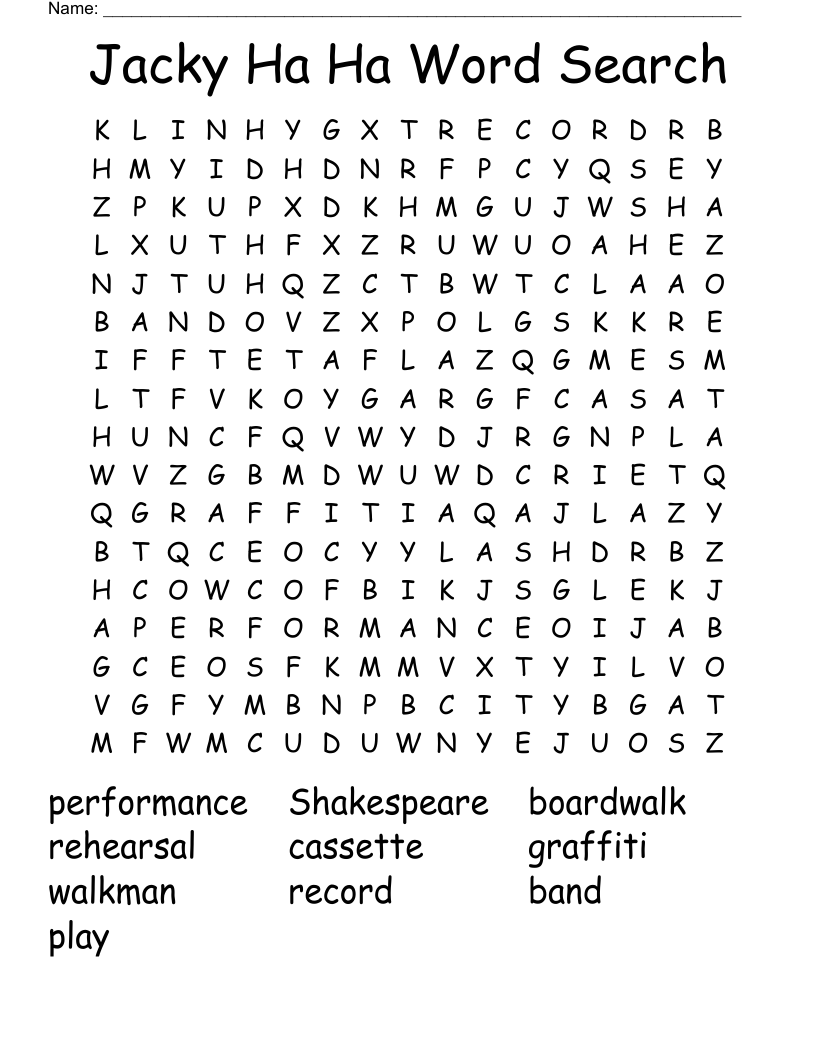 Jacky Ha Ha Word Search
