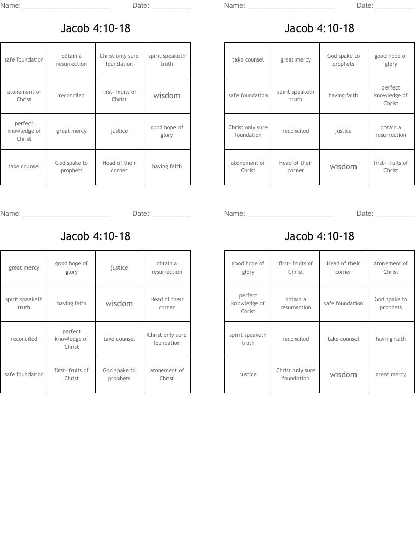 Jacob 4:10-18 Bingo Cards