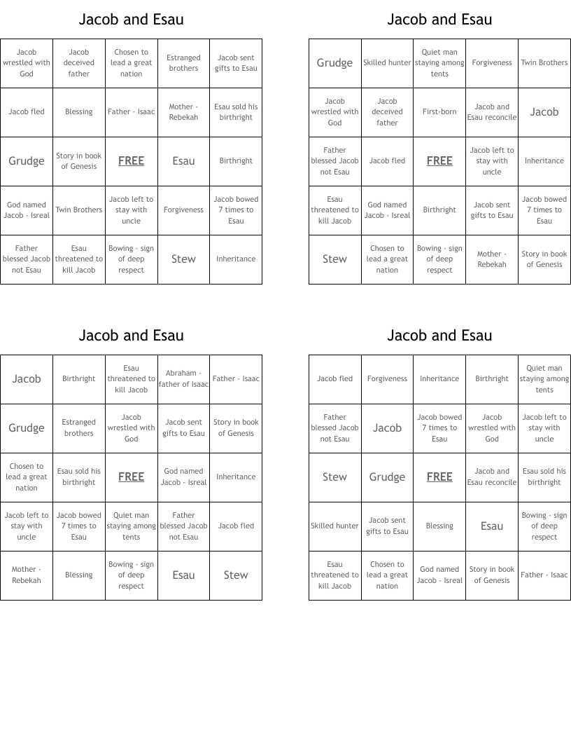 Jacob and Esau Bingo Cards