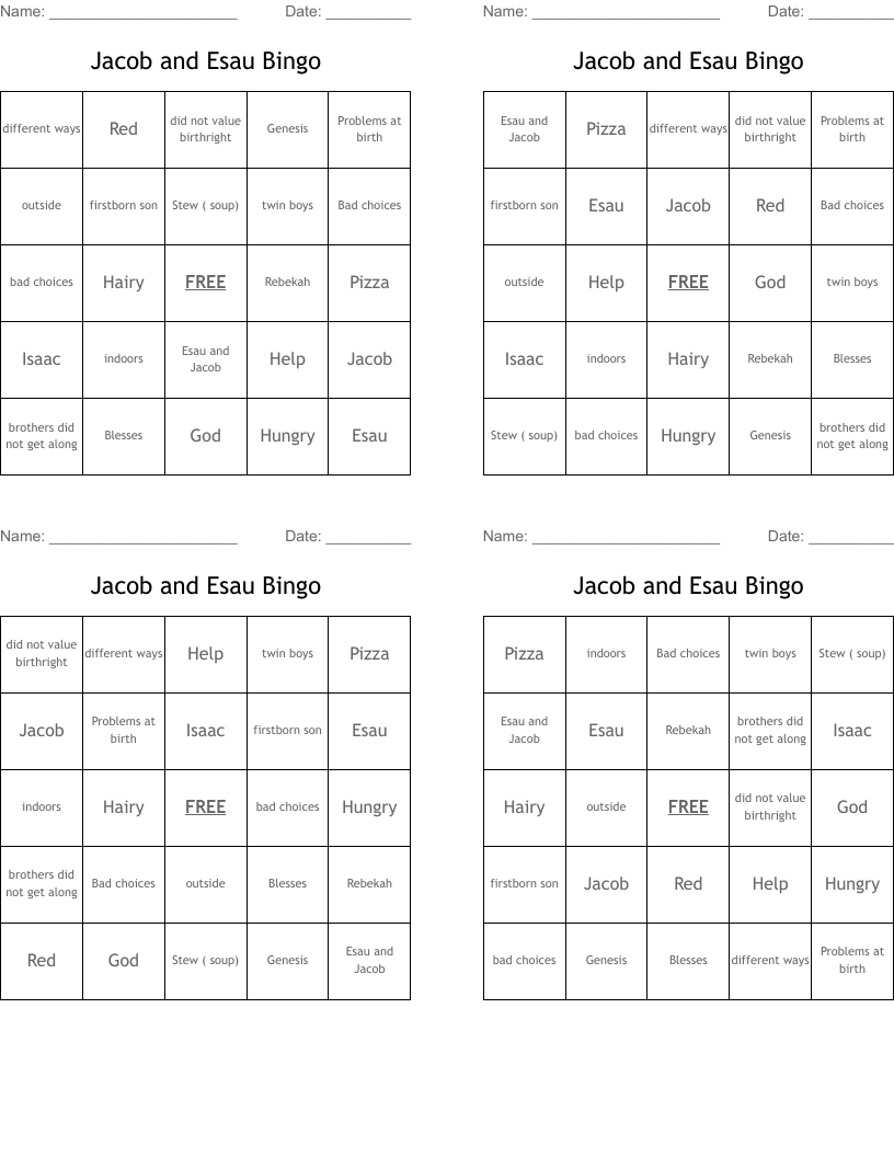 Jacob and Esau Bingo
