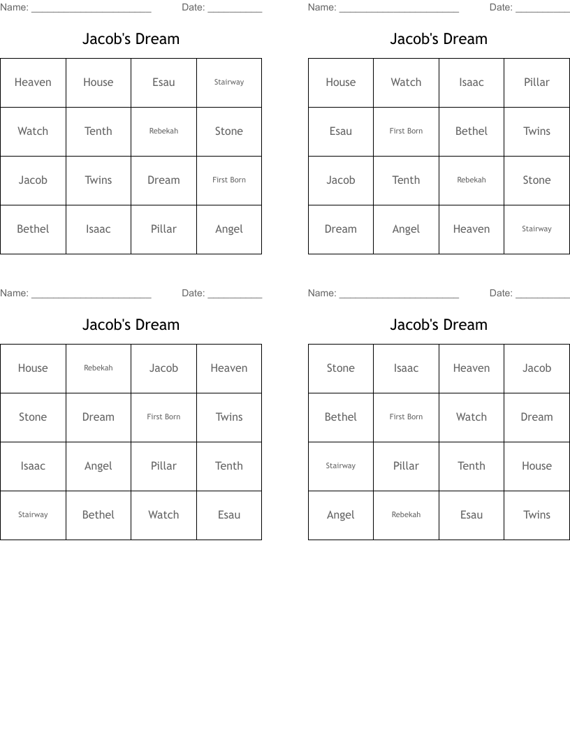 Jacob's Dream Bingo Cards
