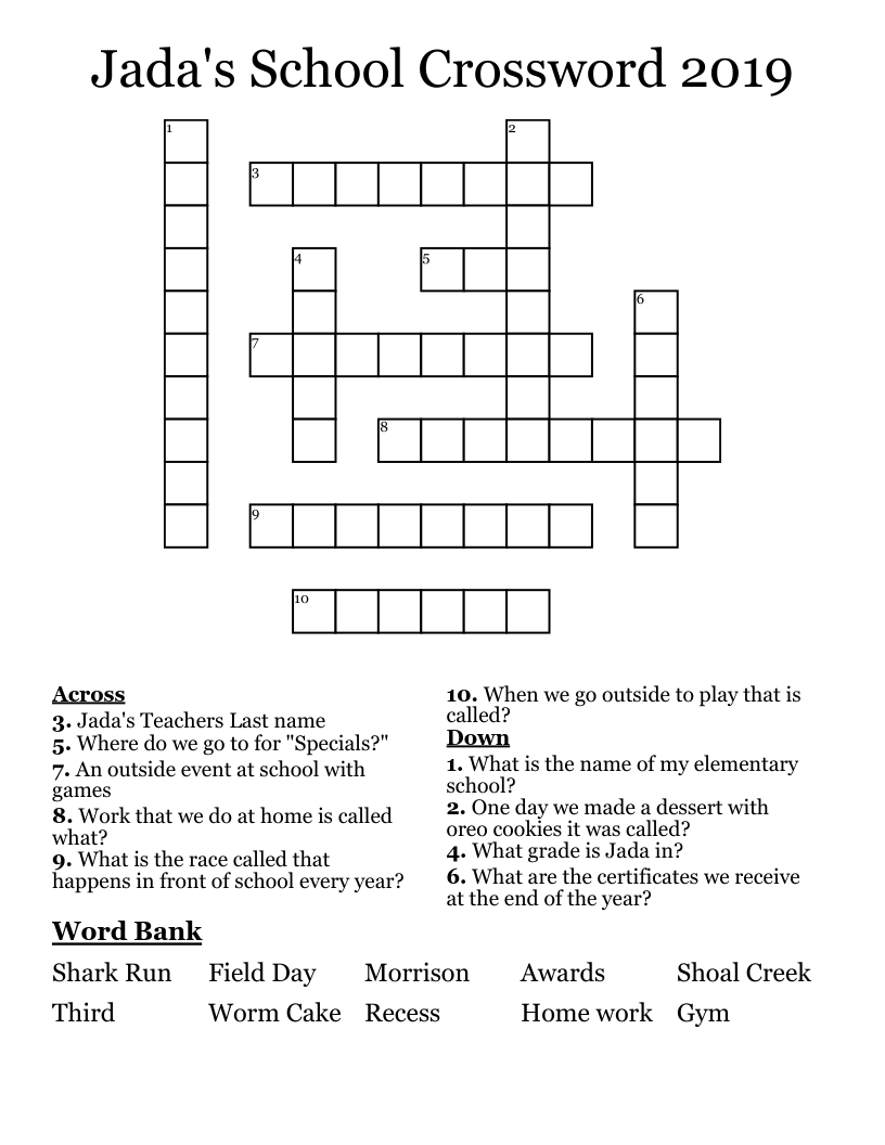 Jada's School Crossword 2019