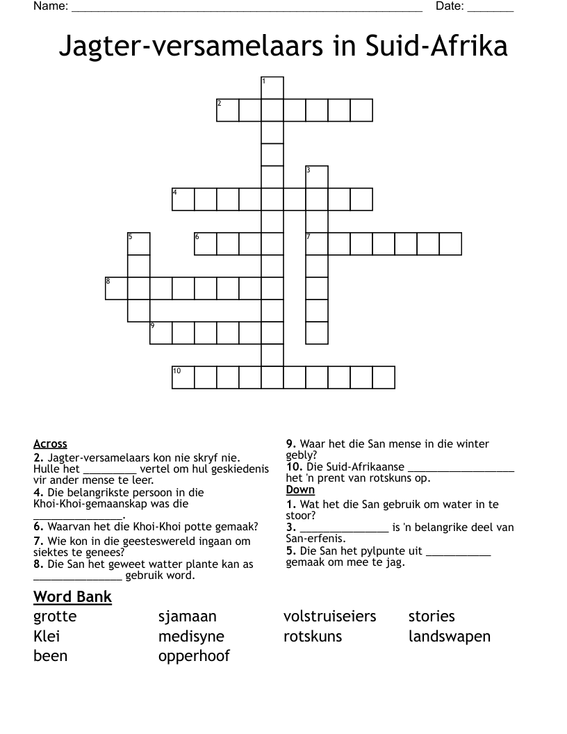 Jagter-versamelaars in Suid-Afrika Crossword