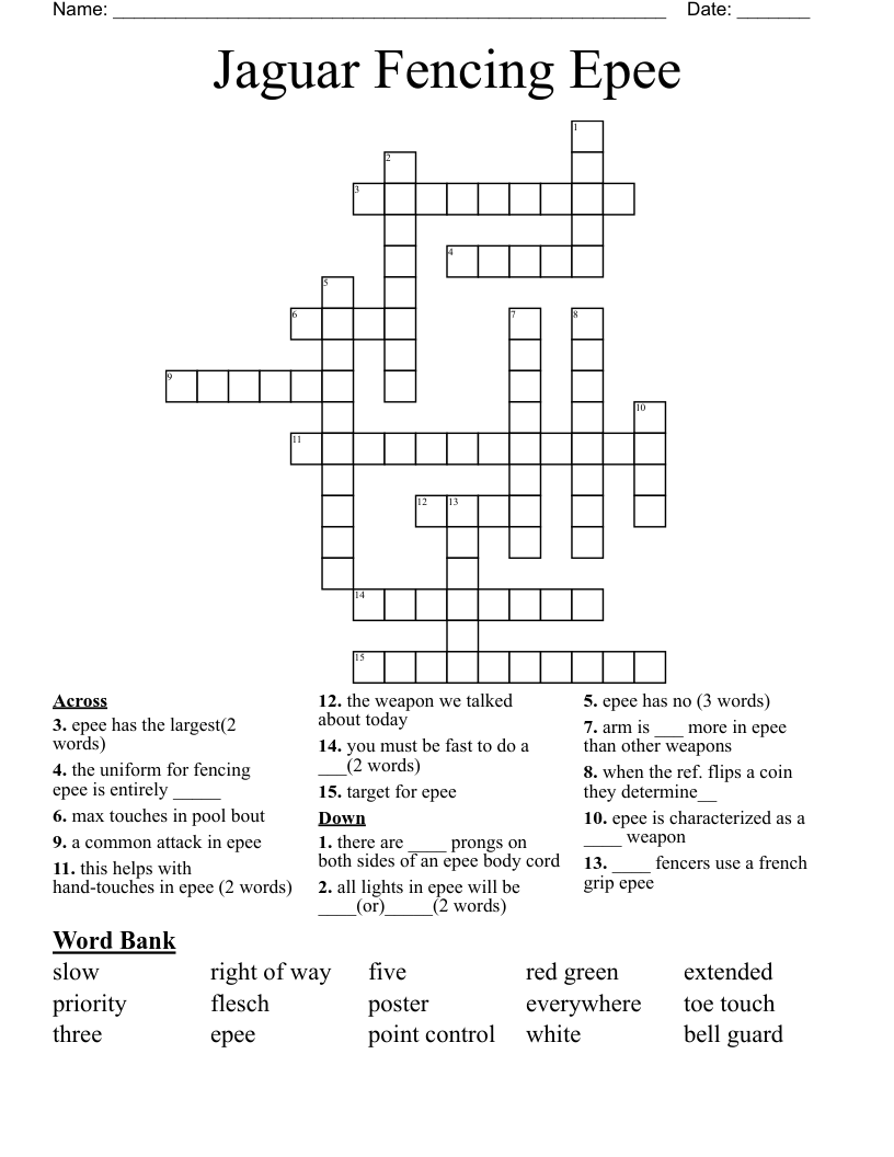 Jaguar Fencing Epee Crossword