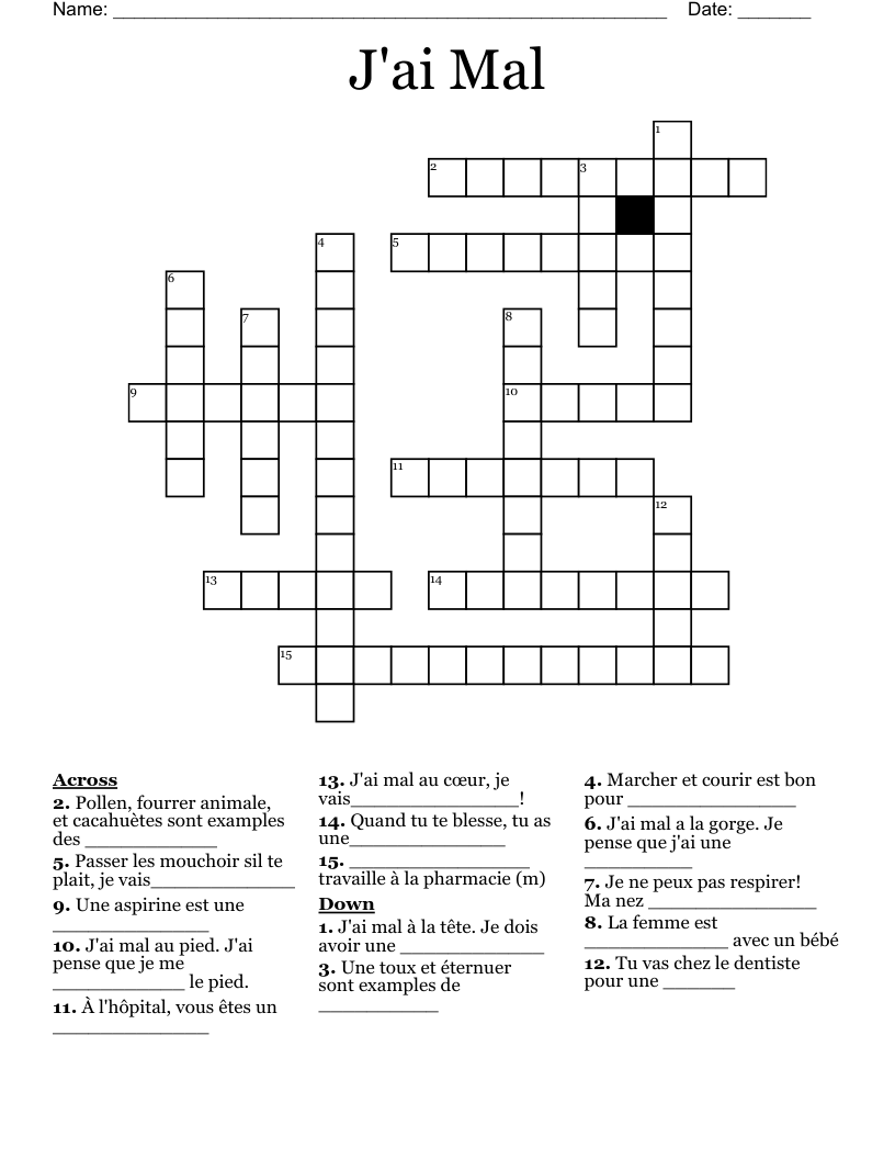 J'ai Mal Crossword