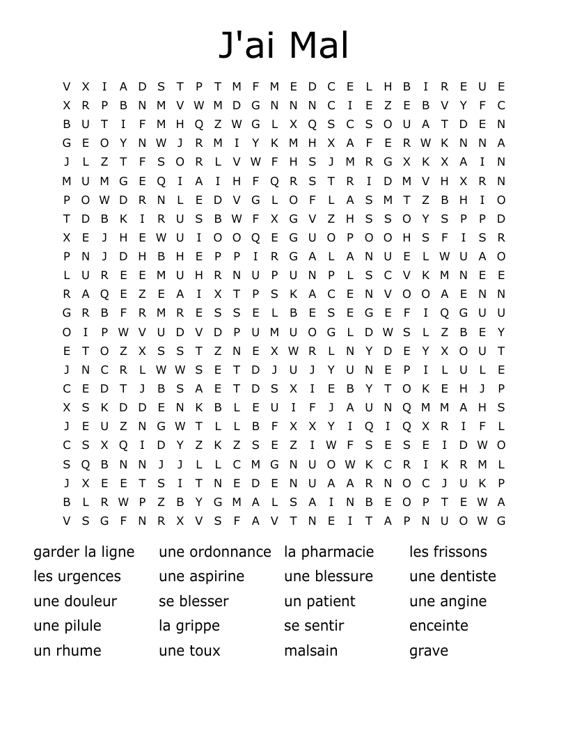 J'ai Mal Word Search