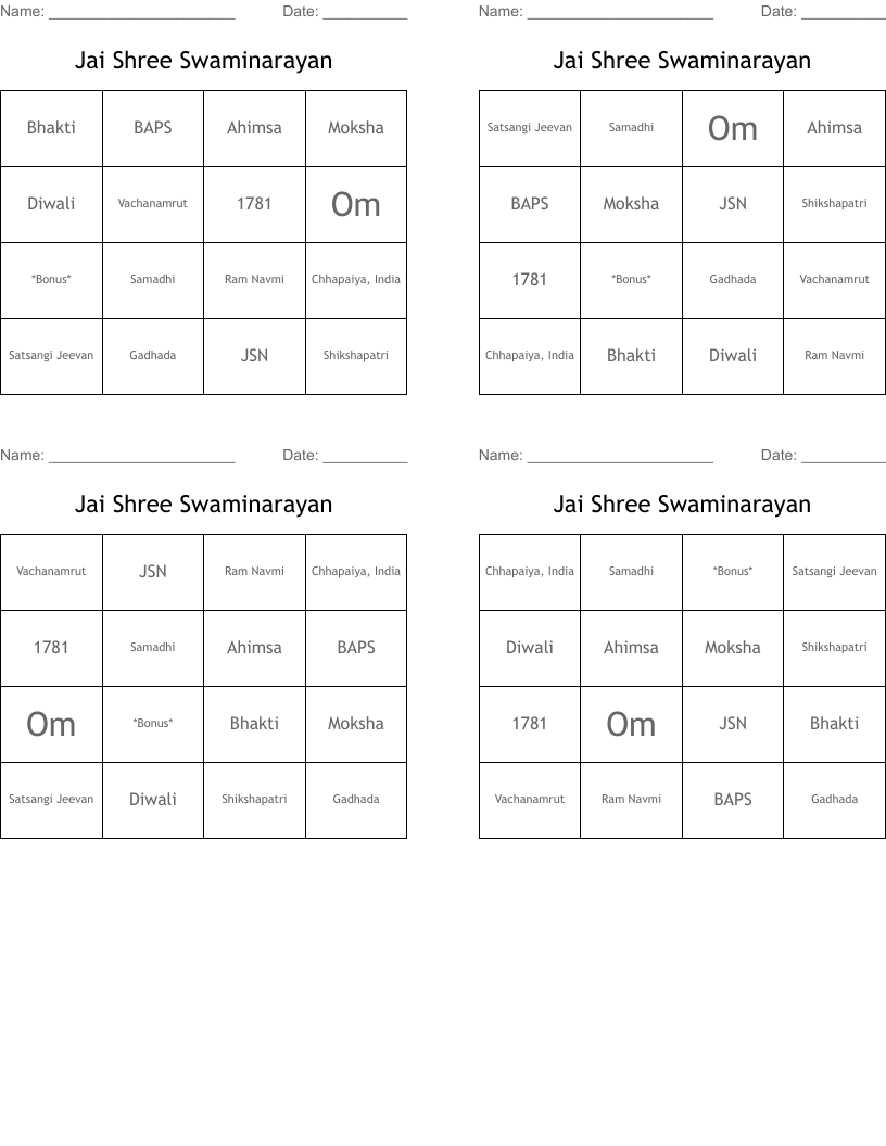 Jai Shree Swaminarayan Bingo Cards