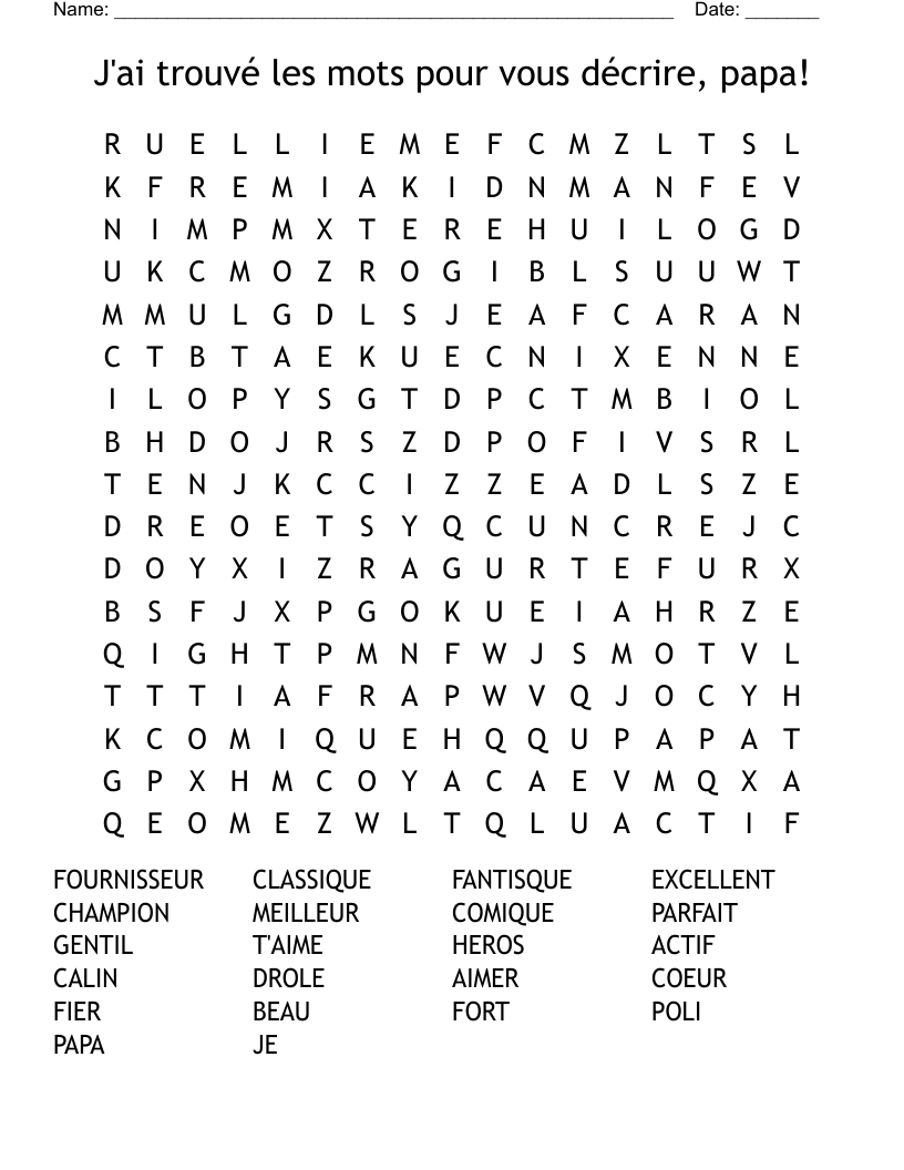 J'ai trouvé les mots pour vous décrire, papa! Word Search