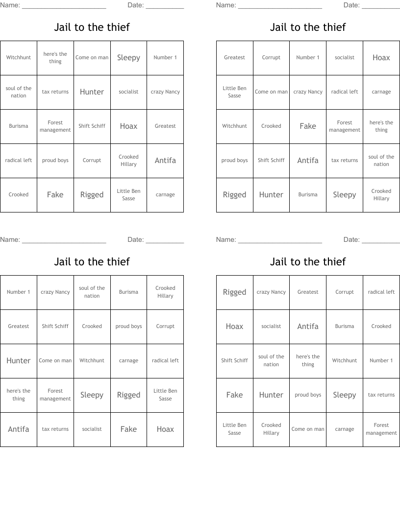 Jail to the thief Bingo Cards