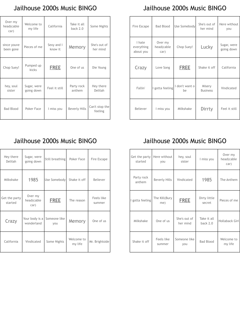 Jailhouse 2000s Music BINGO