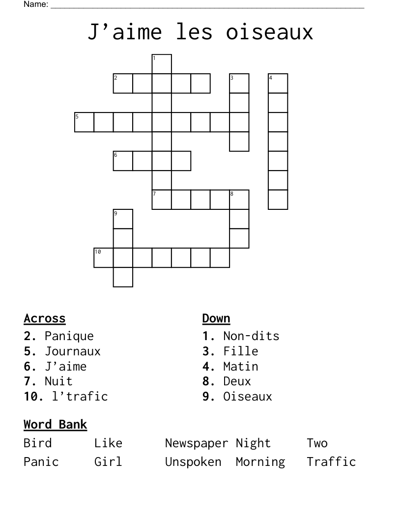 J’aime les oiseaux Crossword