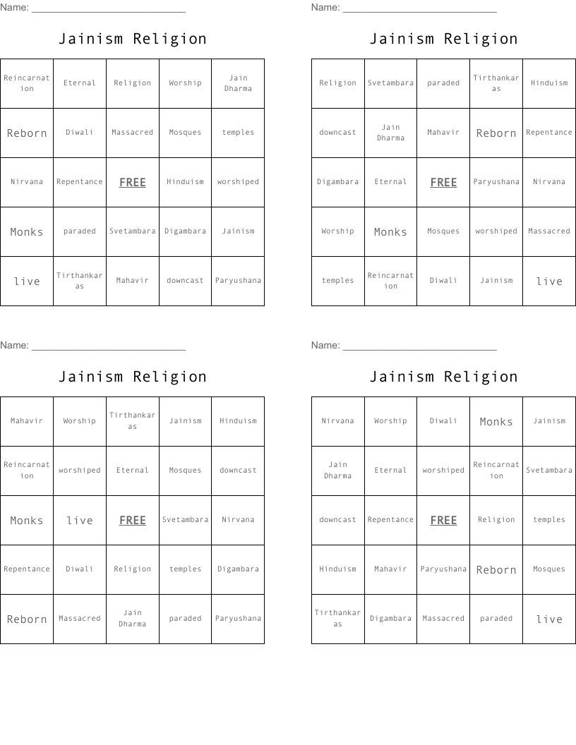 Jainism Religion Bingo Cards