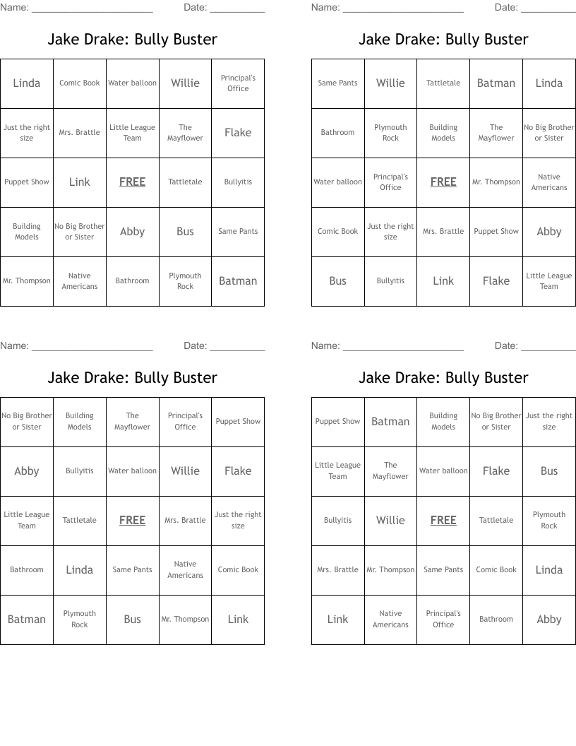 Jake Drake: Bully Buster Bingo Cards