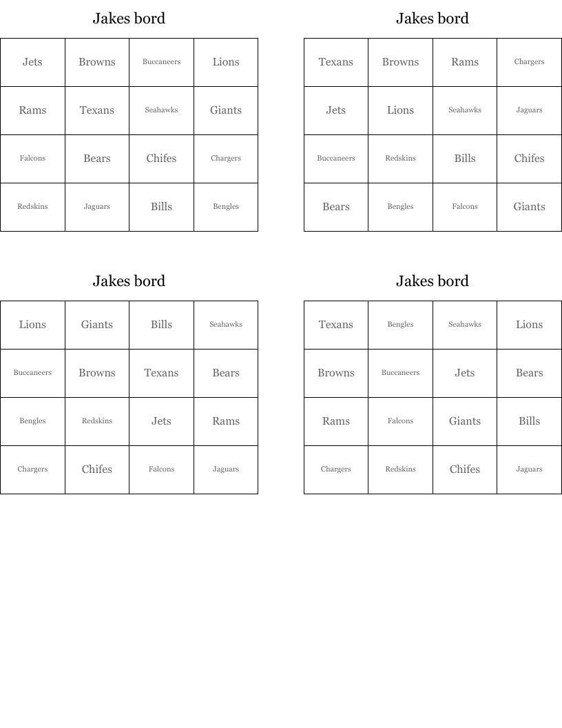 Jakes bord Bingo Cards