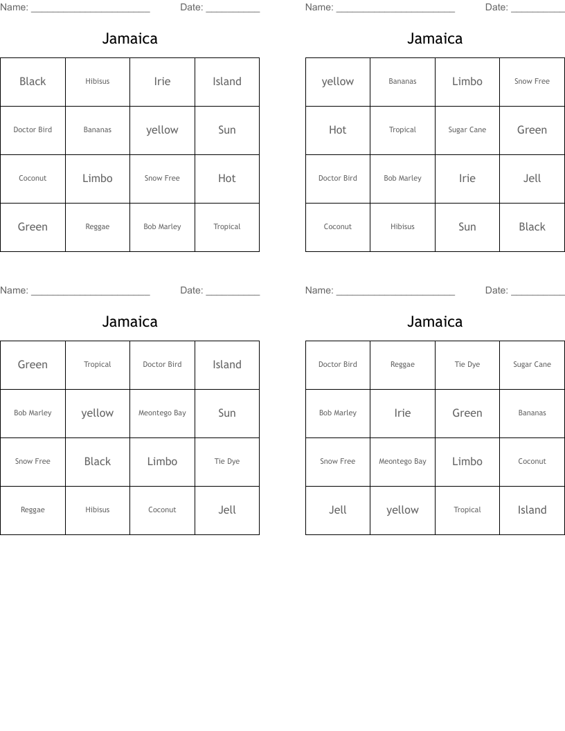 Jamaica Bingo Cards