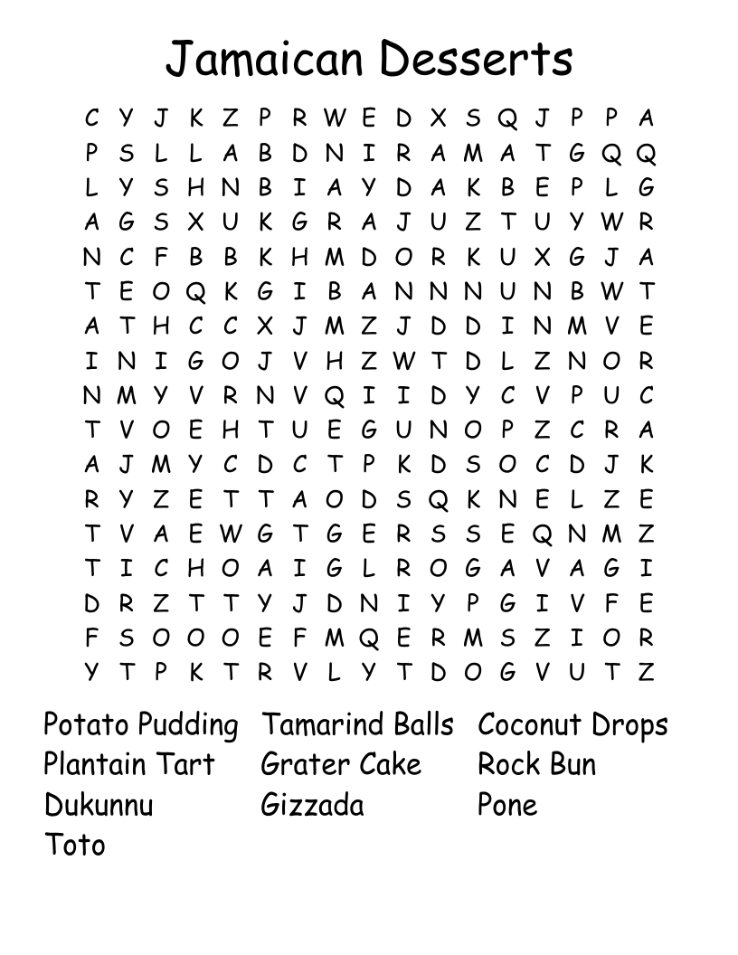 Jamaican Desserts Word Search