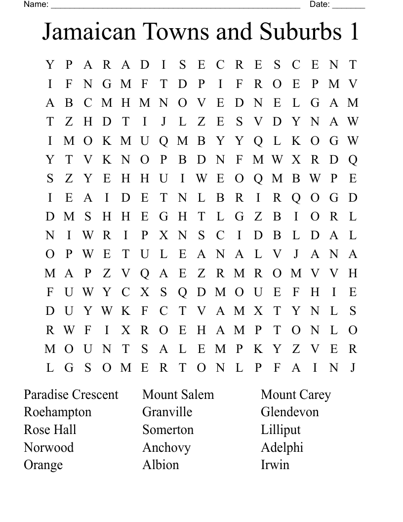 Jamaican Towns and Suburbs 1 Word Search