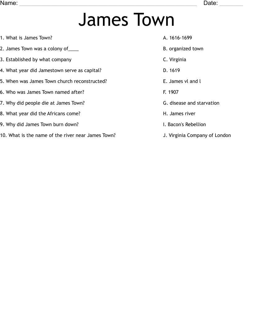 James Town Worksheet