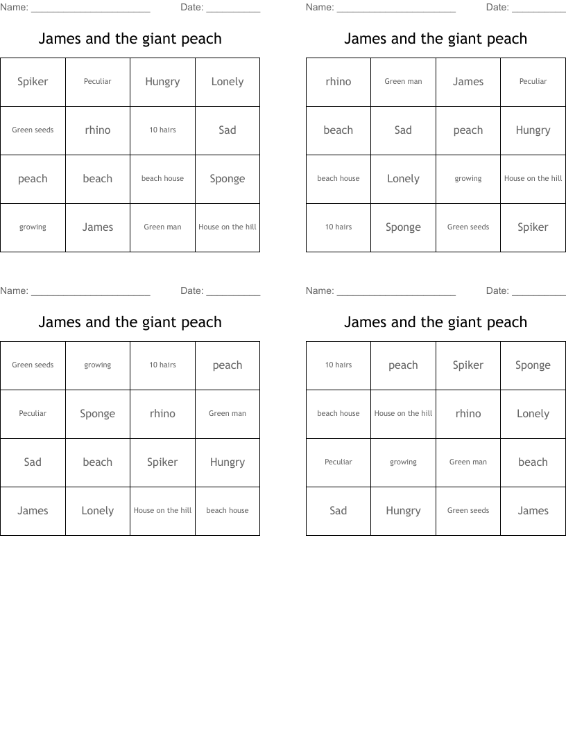 James and the giant peach Bingo Cards