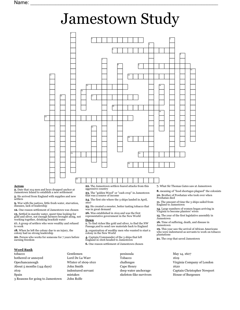 Jamestown Study Crossword
