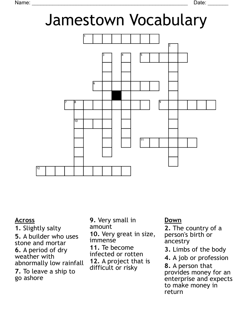 Jamestown Vocabulary Crossword