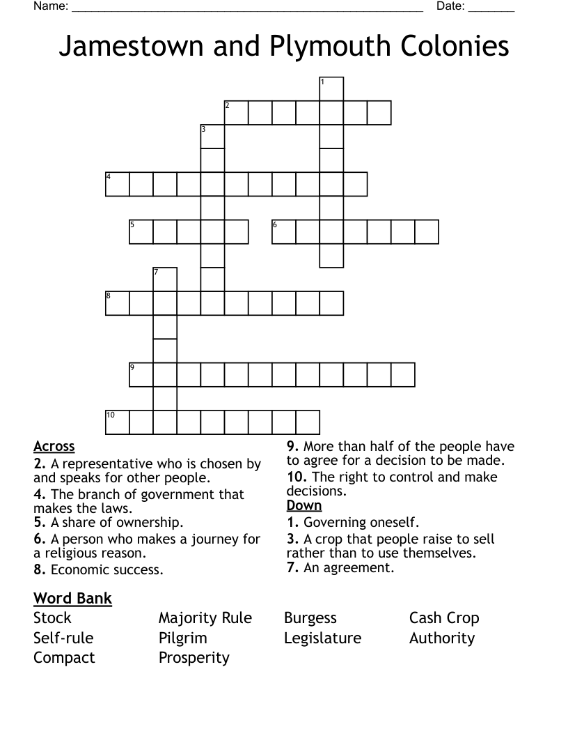 Jamestown and Plymouth Colonies Crossword
