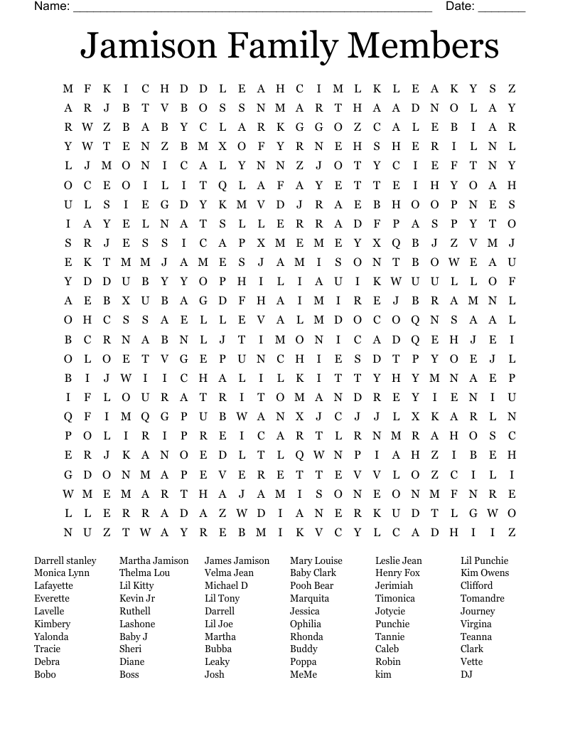 Jamison Family Members Word Search