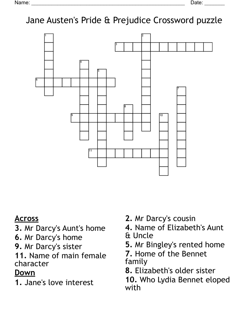 Jane Austen's Pride & Prejudice Crossword puzzle