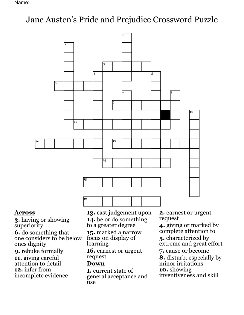 Jane Austen's Pride and Prejudice Crossword Puzzle 