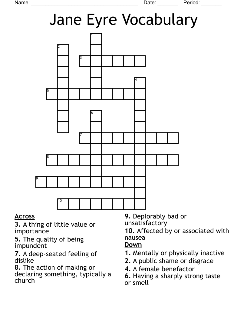 Jane Eyre Vocabulary Crossword